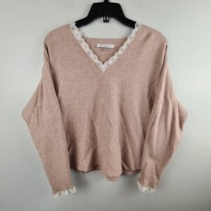 Sioni Milano Women Small Dusty Rose V-Neck Lace Trim‎ Ribbed Knit Sweater Mauve